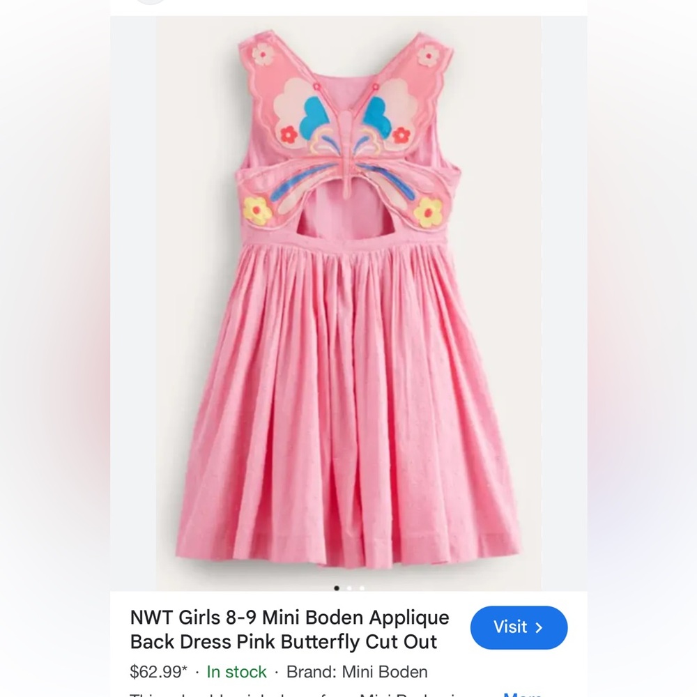 NWT Girls Mini Boden Applique Back Dress Pink Butterfly ,size8Y